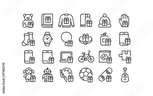 vector outline icons Gifts (Types) toy gift book gift sweater gift scarf gift hat gift gloves gift socks gift watch gift necklace gift bracelet gift perfume gift headphones gift phone gift.