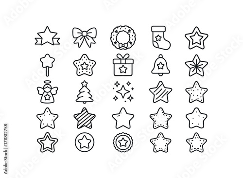 vector outline icons Stars (Decorations) star ribbon star bow star wreath star stocking star candy star cookie star gift star bell star angel star tree star glitter star crystal star.