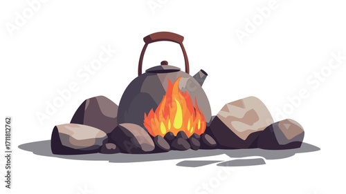 A digital illustration depicting a dark gray kettle with a brown handle sitting atop a small campfire nestled amongst several gray rocks. The flames of the fire are orange and yellow. 