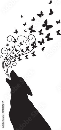 Silhouette of a howling wolf releasing a swarm of butterflies and ornate swirls