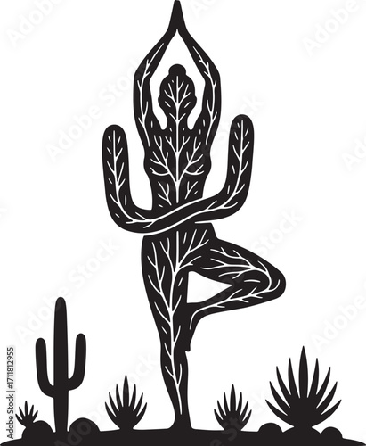 Cactus person yoga pose desert landscape silhouette spiritual balance nature zen serenity