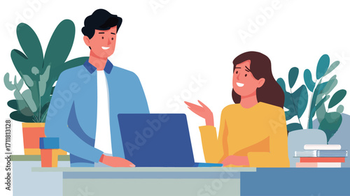 Illustration of a man and a woman, both smiling, engaged in a conversation in front of a laptop placed on a desk.  The man is wearing a light blue shirt, and the woman is wearing a yellow top.