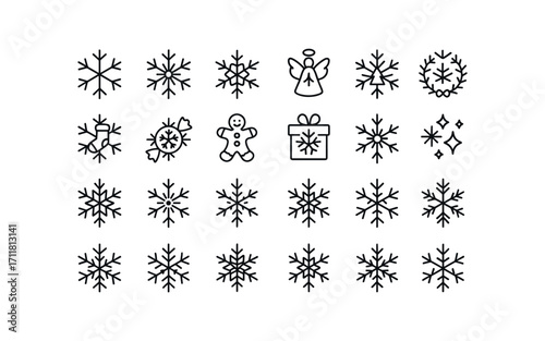 vector outline icons Snowflakes (Decorations) flake star flake snow flake angel flake bell flake tree flake wreath flake stocking flake candy flake cookie flake gift flake ribbon flake bow.