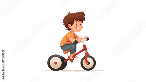 A digital illustration depicts a young boy with short brown hair, wearing an orange t-shirt and blue pants, sitting on a red tricycle with a larger rear wheel than front wheels.  