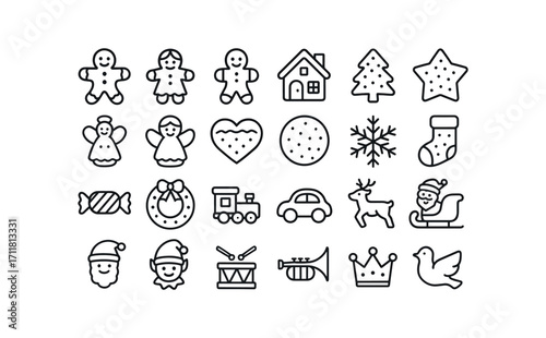 vector outline icons Gingerbread (Types) gingerbread man gingerbread woman gingerbread child gingerbread house gingerbread tree gingerbread star gingerbread bell gingerbread angel.