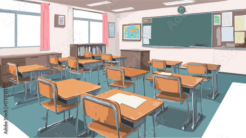 A digital illustration depicting an empty classroom in an anime style. The room features multiple orange desks and chairs arranged in rows, a large green chalkboard at the front, windows letting in