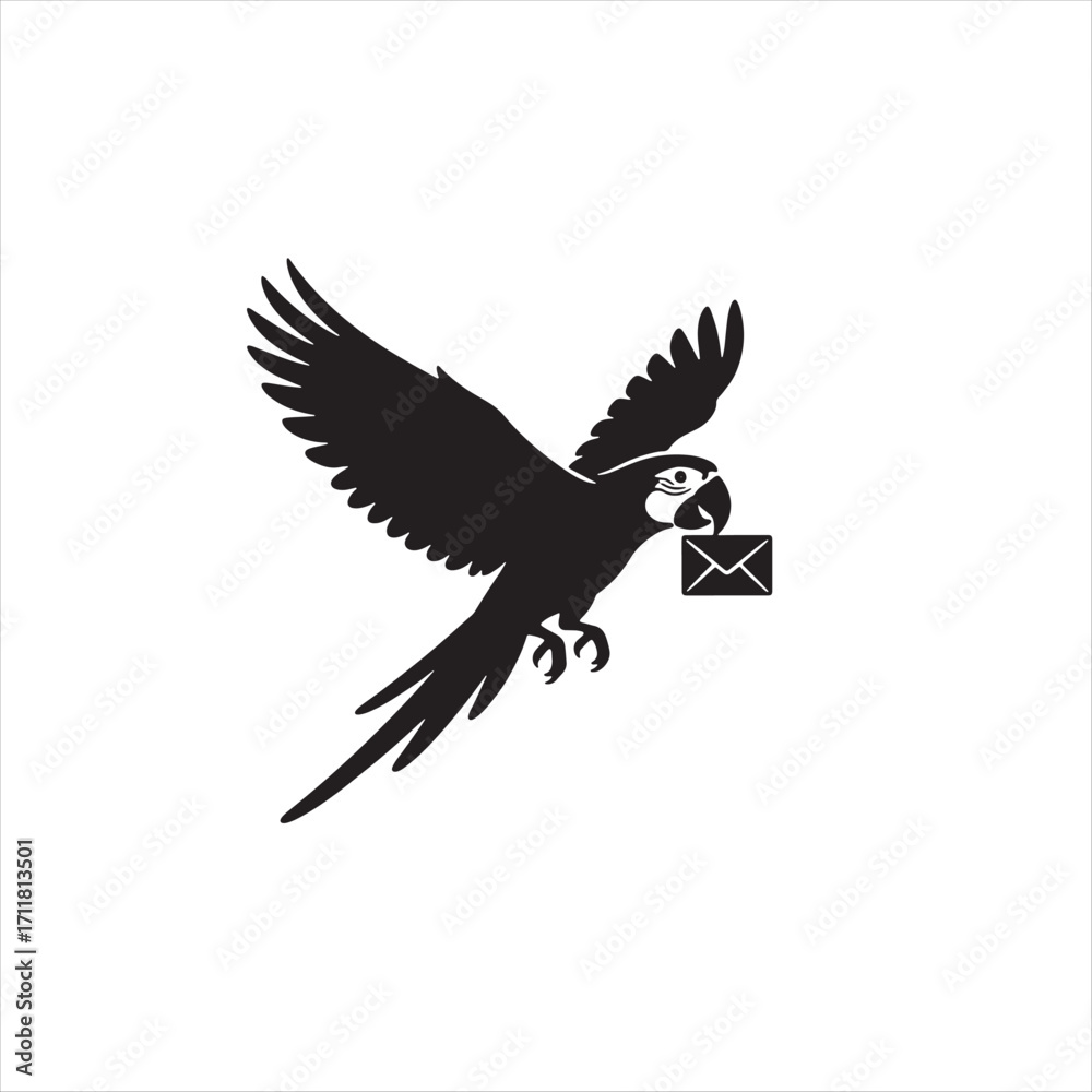 Obraz premium Silhouette of a black parrot in flight carrying an envelope in its beak for postal delivery