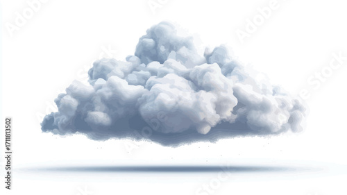 A digital rendering of a single, isolated cumulus cloud against a pure white background. The cloud is depicted with varying shades of grey and white, showing texture and volume.  