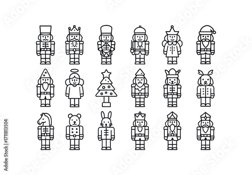 vector outline icons Nutcrackers (Types) soldier nutcracker king nutcracker drummer nutcracker guard nutcracker knight nutcracker jester nutcracker wizard nutcracker angel nutcracker star.