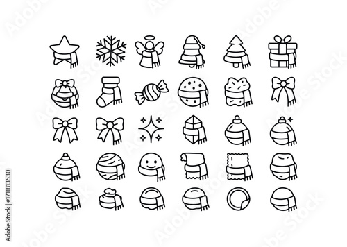 vector outline icons Scarves (Decorations) scarf star scarf snow scarf angel scarf bell scarf tree scarf wreath scarf stocking scarf candy scarf cookie scarf gift scarf ribbon scarf bow.