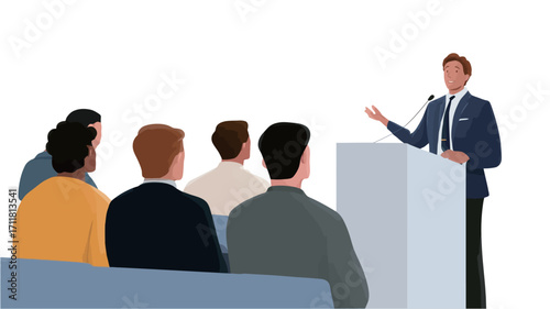 The illustration depicts a clean, minimalist style vector image.  A light-skinned businessman in a dark suit stands behind a light gray podium with a microphone, gesturing while addressing a group
