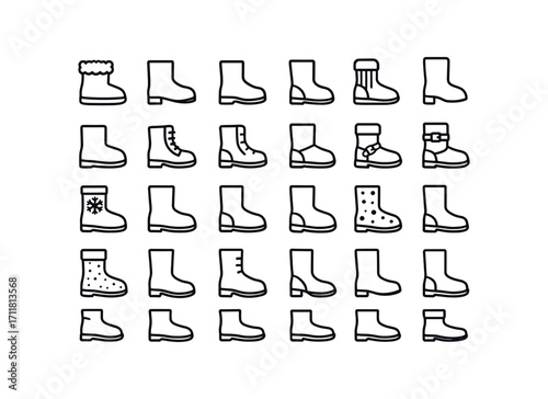 vector outline icons Snow Boots (Types) fur boot leather boot rubber boot felt boot knit boot tall boot short boot lace boot zip boot slip boot buckle boot strap boot patterned boot plain.