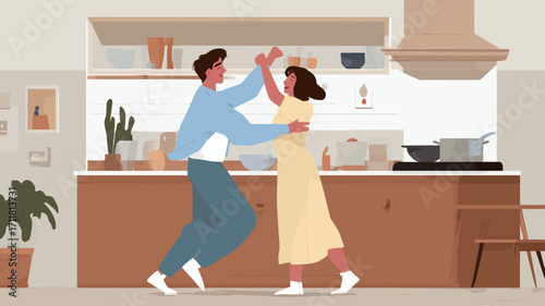 A digital illustration depicts a happy young couple dancing playfully in a modern, minimalist kitchen. The style is flat design with clean lines and muted earth tones. The couple is cartoonishly