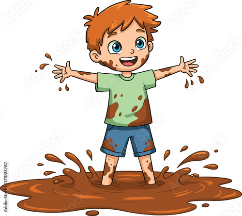 Happy little boy playing in muddy puddle, smiling child covered in mud, outdoor fun, joyful kid enjoying nature, messy playtime, carefree childhood, kids’ activity illustration