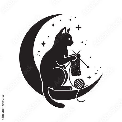 Mystical black cat knitting on crescent moon with stars