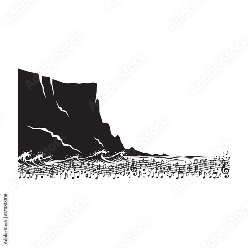 Dramatic black ink silhouette of rocky cliff overlooking textured ground