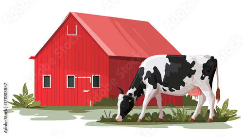 A digital illustration depicting a black and white cow grazing in a patch of green grass in front of a red barn. The barn is a simple structure with a red roof and white trim. 