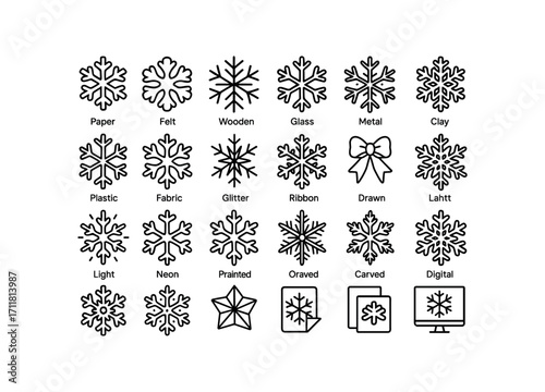 vector outline icons Snowflakes (Decorations) paper flake felt flake wooden flake glass flake metal flake clay flake plastic flake fabric flake crystal flake glitter flake ribbon flake bow.