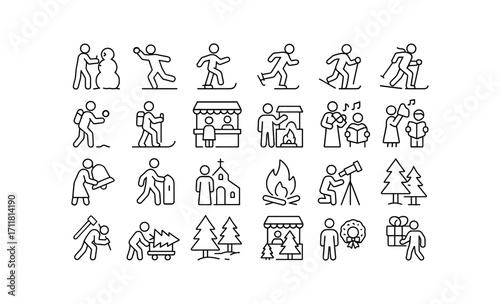 vector outline icons Christmas Traditions (Outdoor) snow building snow throwing snow sliding snow sledding snow skating snow skiing snow hiking snowshoeing market visiting parade watching.