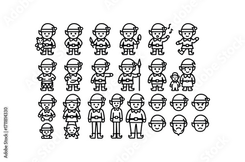 vector outline icons Christmas Elves (Types) toy elf worker elf painter elf builder elf singer elf dancer elf drummer elf cook elf helper elf guard elf leader elf child elf baby elf female.