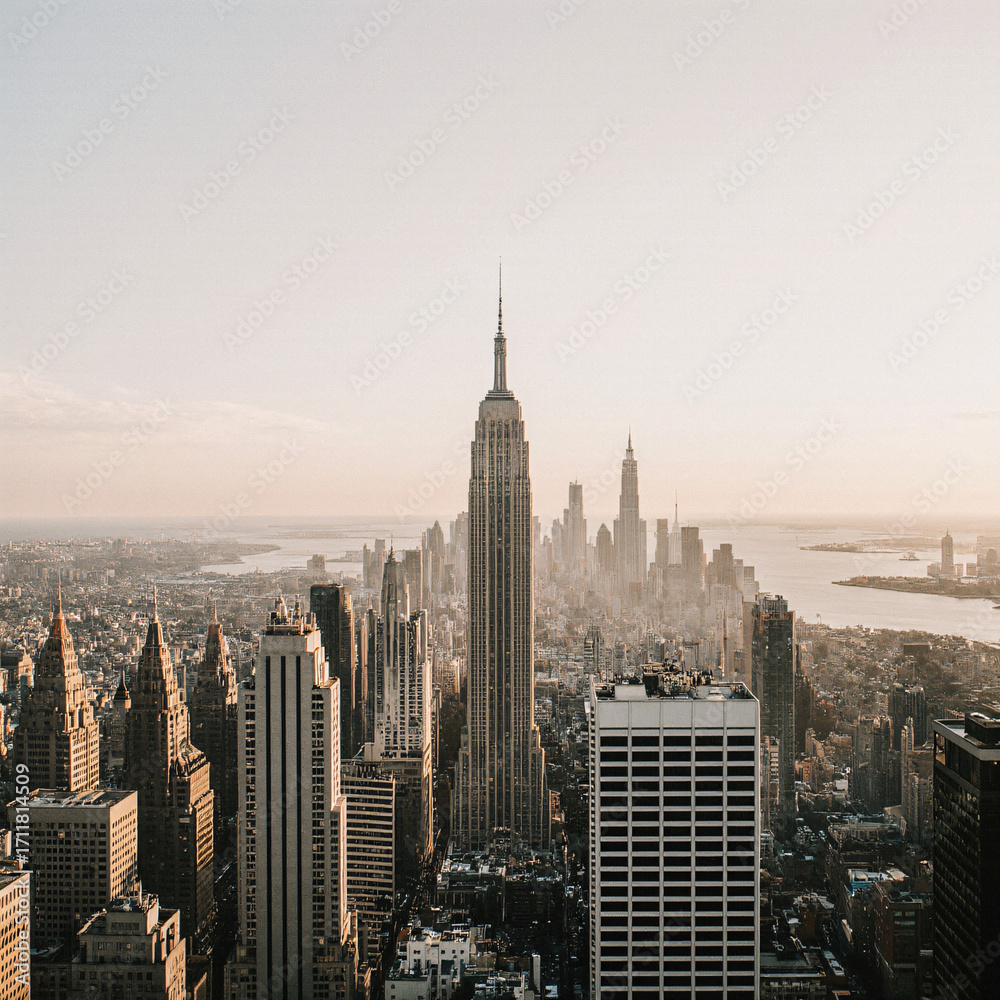 Fototapeta premium Modern spacious room with large windows and natural views, business and financial skyscraper buildings concept.Low angle view, Minimalist City with Skyscrapers in Soft Tones. Generative AI