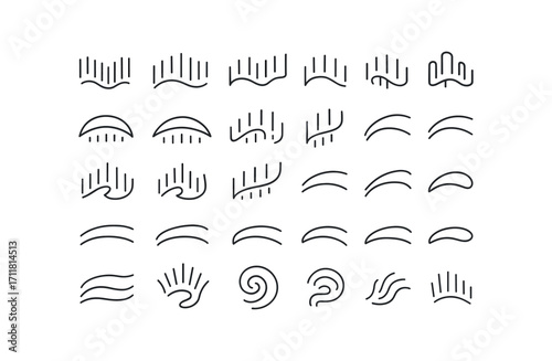 vector outline icons Northern Lights (Types) green aurora purple aurora red aurora pink aurora blue aurora aurora multicolor arc faint arc bright arc slow drift fast drift short burst long.