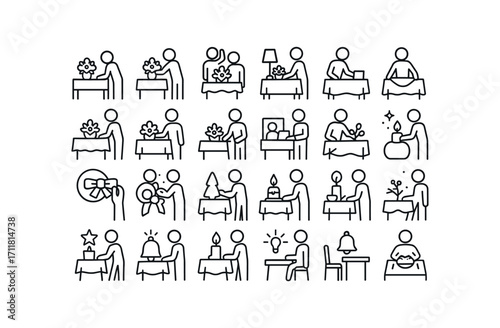 vector outline icons Centerpieces (Scenes) table placing height checking balance fixing light testing cloth smoothing runner aligning card setting name pairing photo adding sprinkle adding.
