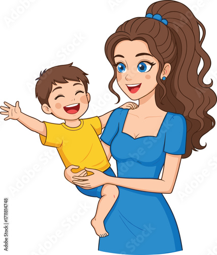Happy mother holding laughing child in arms, family love, joyful moment, caring mom, smiling kid, motherhood, affectionate bond, parent and child, warm embrace, motherhood happiness.
