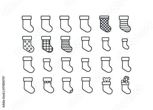 vector outline icons Christmas Stockings (Types) red stocking green stocking white stocking gold stocking silver stocking striped stocking polka stocking plaid stocking knitted stocking.