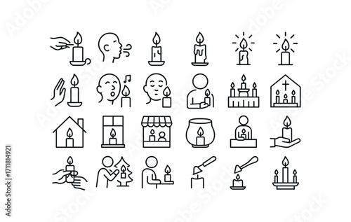 vector outline icons Christmas Candles (Scenes) candle lighting candle blowing candle burning candle melting candle dripping candle glowing candle shining candle praying candle singing.