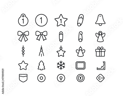 vector outline icons Advent Calendar (Decorations) number tag number disk number star number bell ribbon tie bow tie clip pin hook pin bead string tassel string charm star charm tree charm.