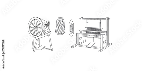 Print  Line art vector illustration of rural weaving tools – spinning wheel, yarn spool, shuttle, and handloom frame