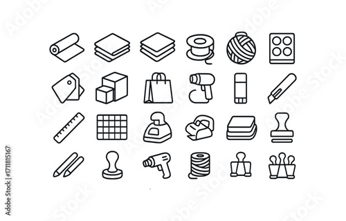 vector outline icons Wrapping Station (Types) wrap roll craft paper tissue stack ribbon spool twine ball sheet tag stack box set bag set tape gun glue stick cutter knife ruler metal mat.