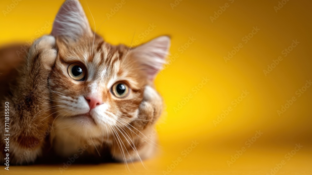 Obraz premium An adorable ginger cat rests on a vibrant yellow background, showcasing its curious expression, evoking emotions of playfulness, companionship, and warmth in a whimsical setting.
