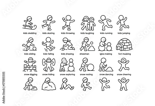 vector outline icons Snow Activities (Play) kids sledding kids skating kids throwing kids laughing kids running kids jumping kids sliding kids falling kids building kids drawing snowman.