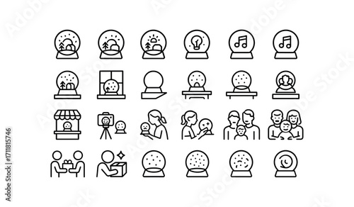 vector outline icons Snow Globes (Scenes) shake globe set globe light on light off music on music off shelf line window shelf desk corner mantel center table center shop shelf fair stall.