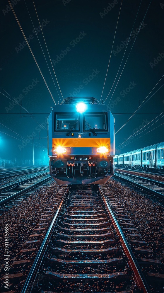 Obraz premium Illuminated Blue Cargo Train at Night