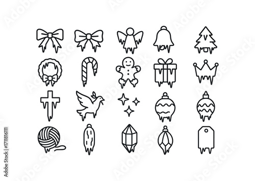 vector outline icons Icicles (Decorations) icicle ribbon icicle bow icicle star icicle angel icicle bell icicle tree icicle wreath icicle stocking icicle candy icicle cookie icicle gift.