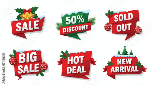 Festive Christmas sale banners and tags featuring "Sale," "50% Discount," "Sold Out," "Big Sale," "Hot Deal," and "New Arrival" with holiday decorations.