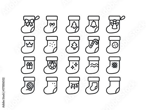 vector outline icons Stockings (Decorations) stocking bow stocking ribbon stocking star stocking bell stocking angel stocking crown stocking snow stocking tree stocking candy stocking.