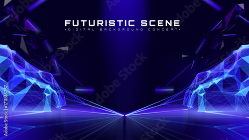 Futuristic background with blue polygon glowing elements dark scene. Digital network technology and data flow.
