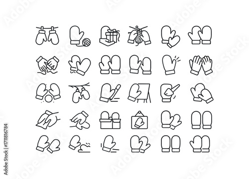vector outline icons Mittens (Scenes) mittens drying mittens hanging mittens knitting mittens sewing mittens wrapping mittens gifting mittens wearing mittens warming mittens playing mittens.