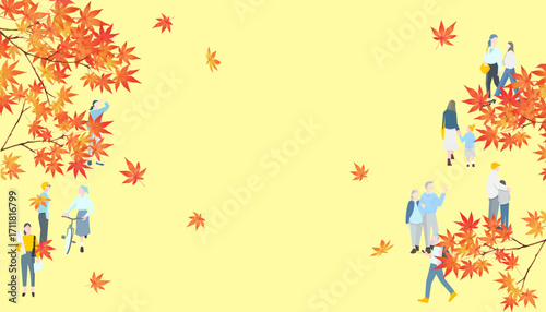 赤く紅葉した美しい紅葉の下を歩く人々のオシャレなベクター秋背景素材フレーム