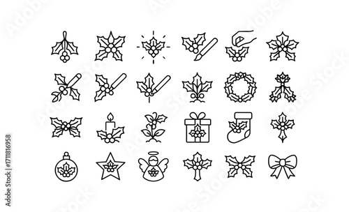 vector outline icons Holly (Scenes) holly hanging holly glowing holly shining holly decorating holly crafting holly painting holly drawing holly carving holly cutting holly growing holly.