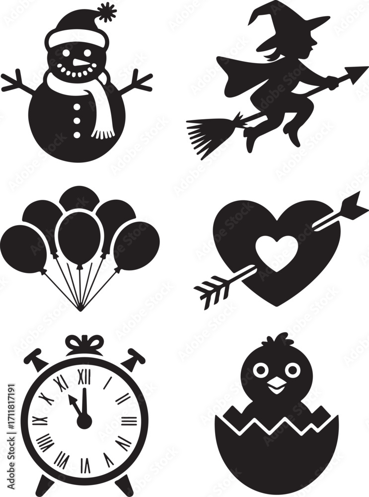 Fototapeta premium Festive icons: Snowman, witch, heart, balloons, chick, clock
