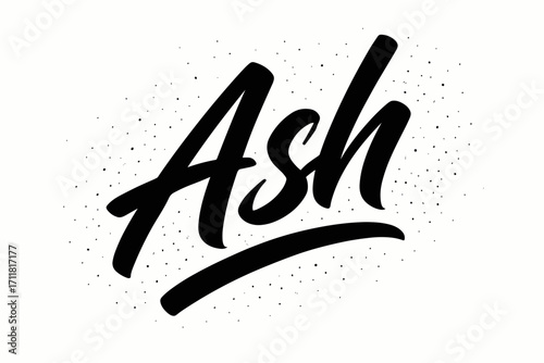 Ash brush lettering soft bold sweep surrounded by dust specks diagonal decorative composition clean white background vector look high contrast.