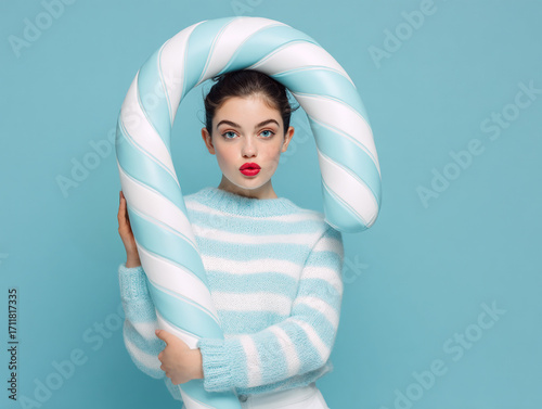 Playful young woman poses with oversized candy cane against a pastel blue background during a festive photoshoot
