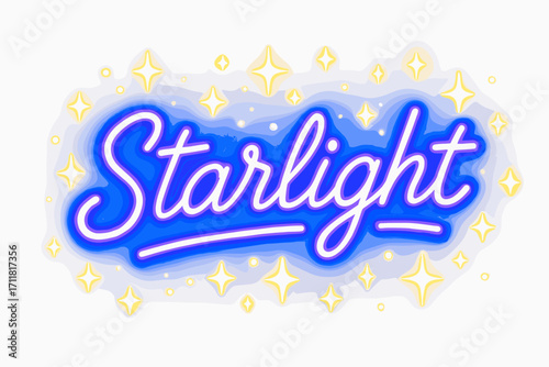 Starlight neon lettering glowing bold script surrounded by sparkles horizontal balanced layout clean white background vector look high contrast.