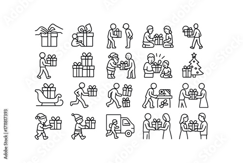 vector outline icons Gifts (Scenes) gift wrapping gift opening gift hiding gift shopping gift carrying gift stacking santa giving kids opening adults opening secret exchange gift surprise.