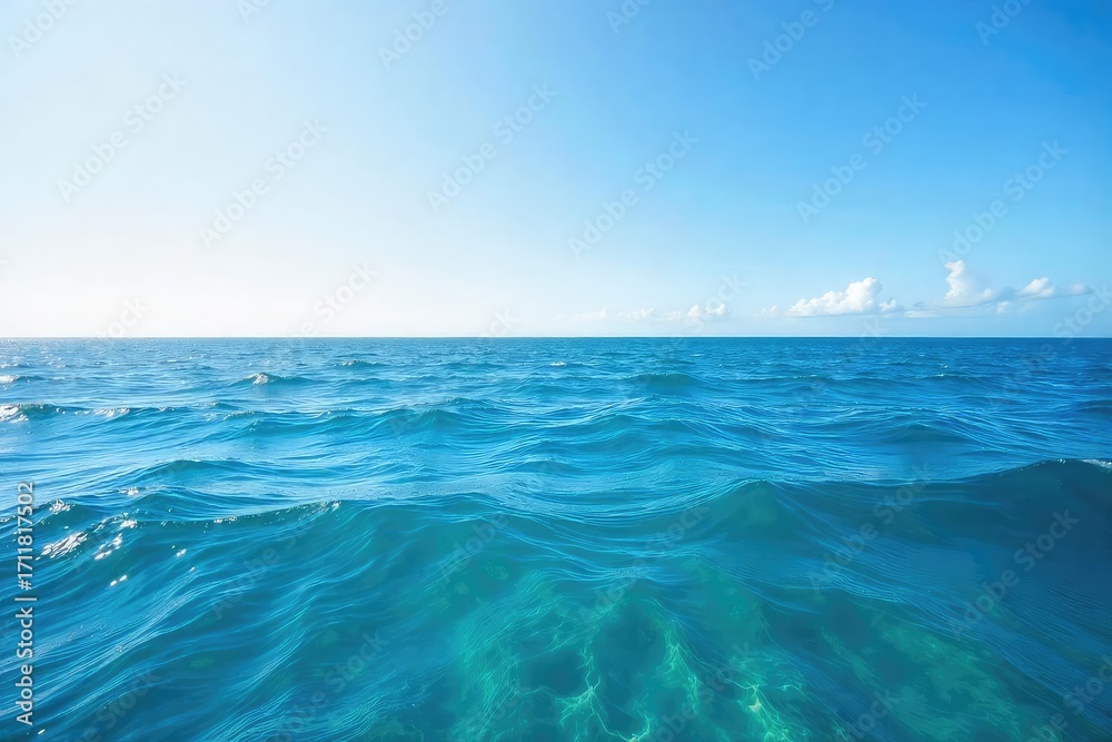 Obraz premium Vast expanse of deep blue ocean water, waves gently rolling under a clear sky Perfect for travel, nature, or environmental themes , ecology, sun, marine life